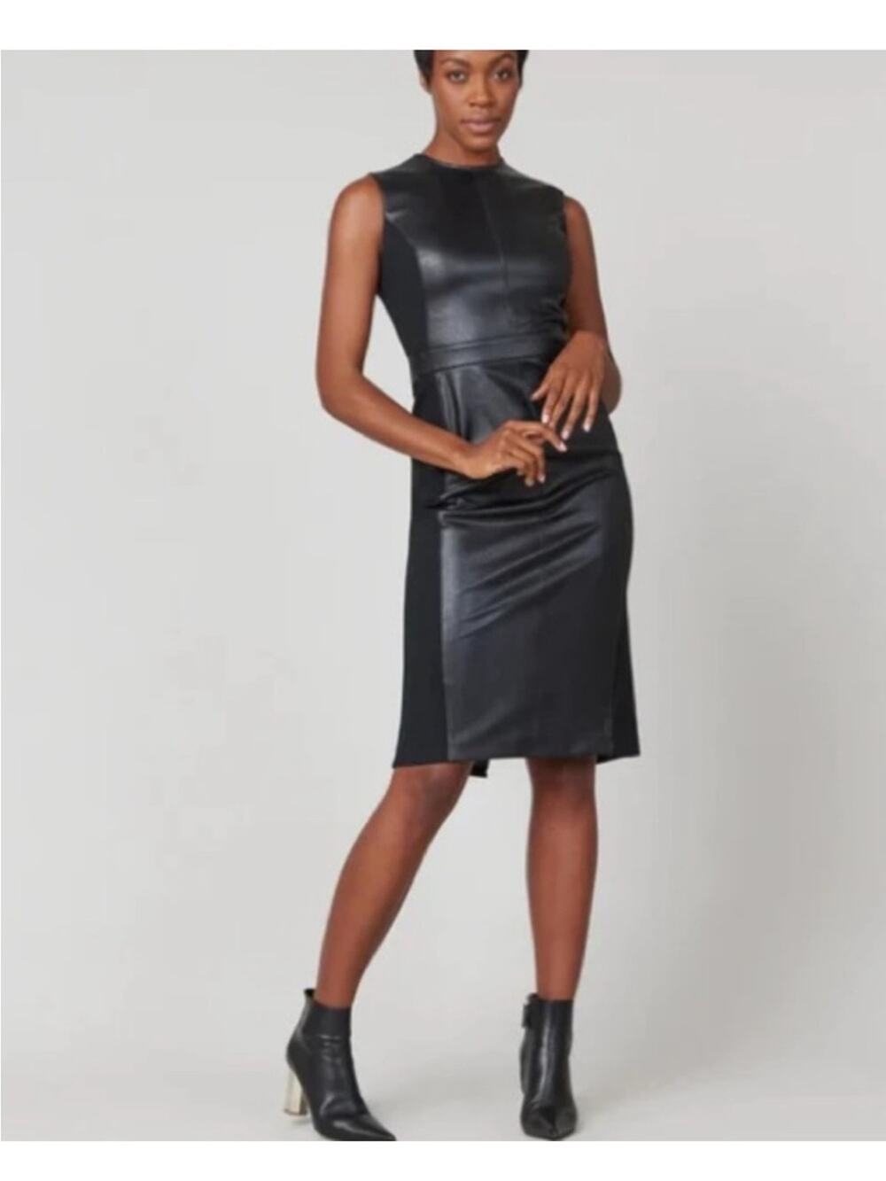 SPANX Black Mixed Media Sheath Vegan Leather Fitted Dress Size Medium